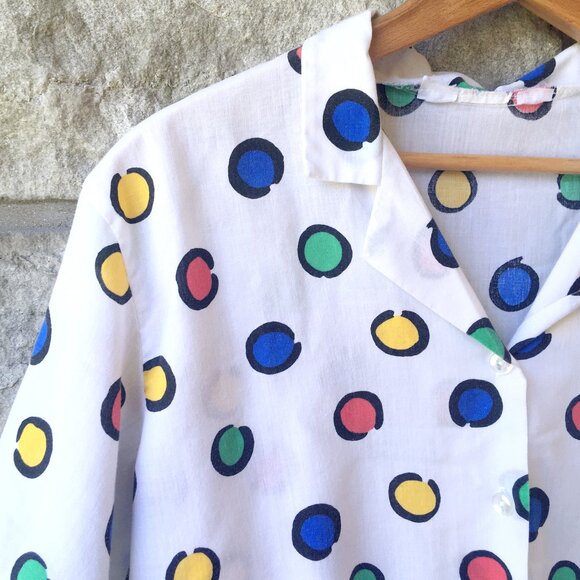 Vintage Tops - 90s 'Pop Art' Short-Sleeve Button Down Top